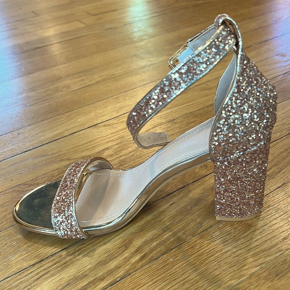 Rose Gold Sparkly Block Heel Sandals